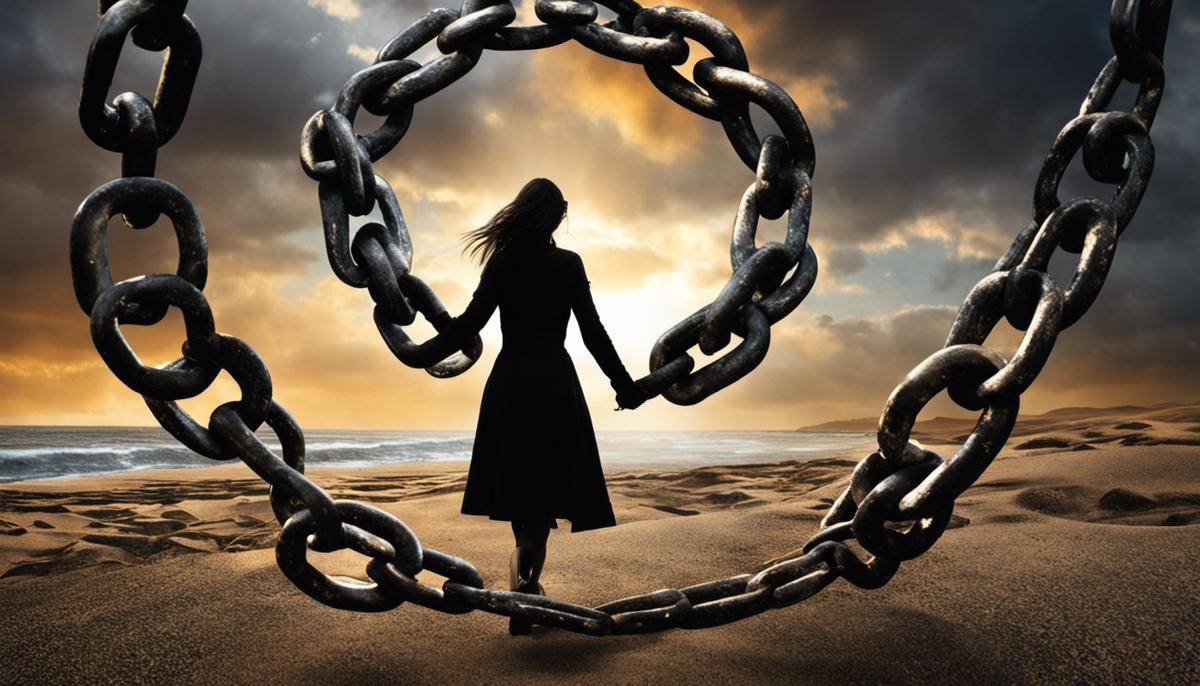 Image illustrating the importance of recovery from toxic relationships, depicting a person breaking free from chains and embracing a bright, positive future.